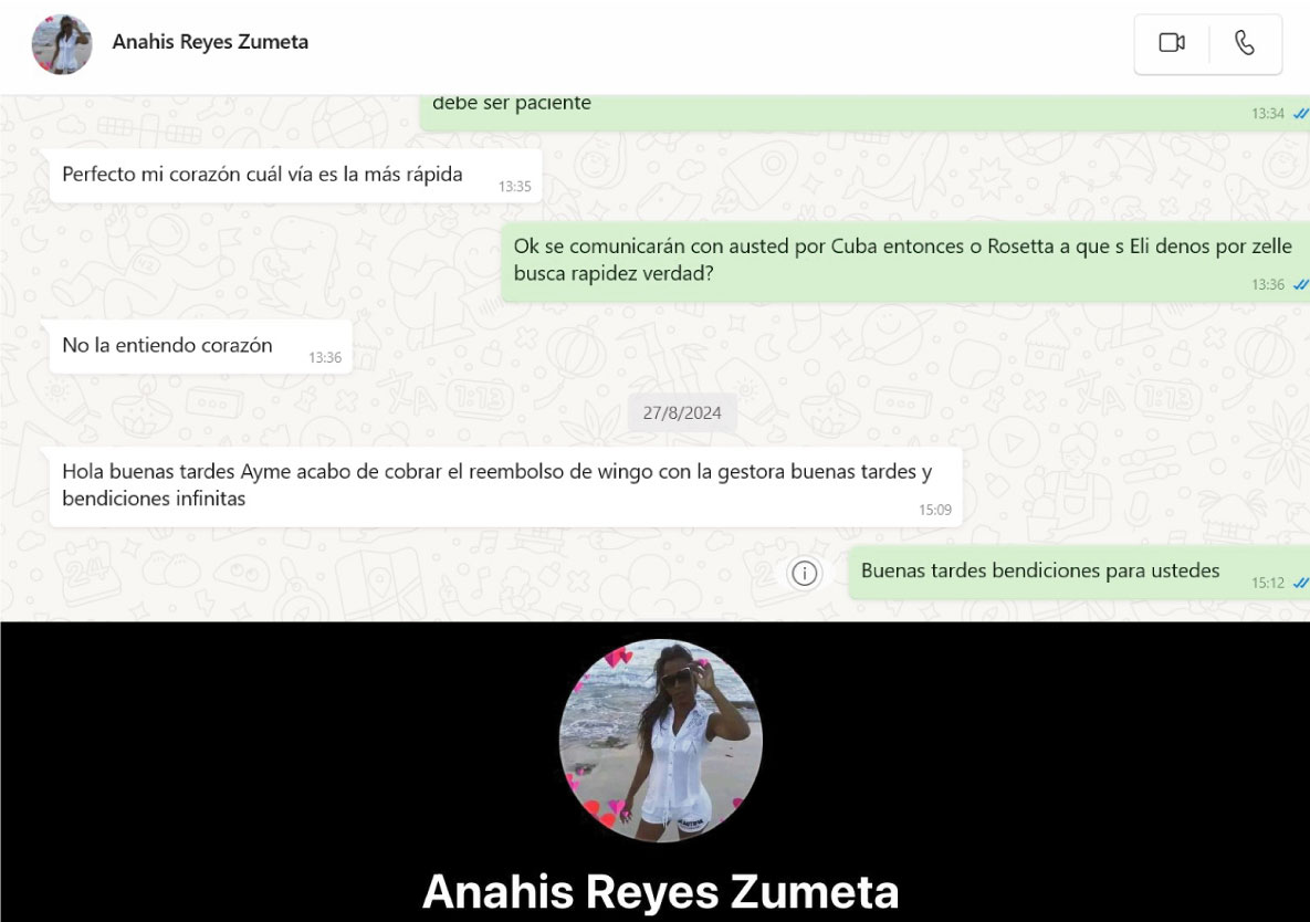 Anahí Reyes Zumeta confirmando vía Whatsapp el reembolso el 27 de Agosto 2024.